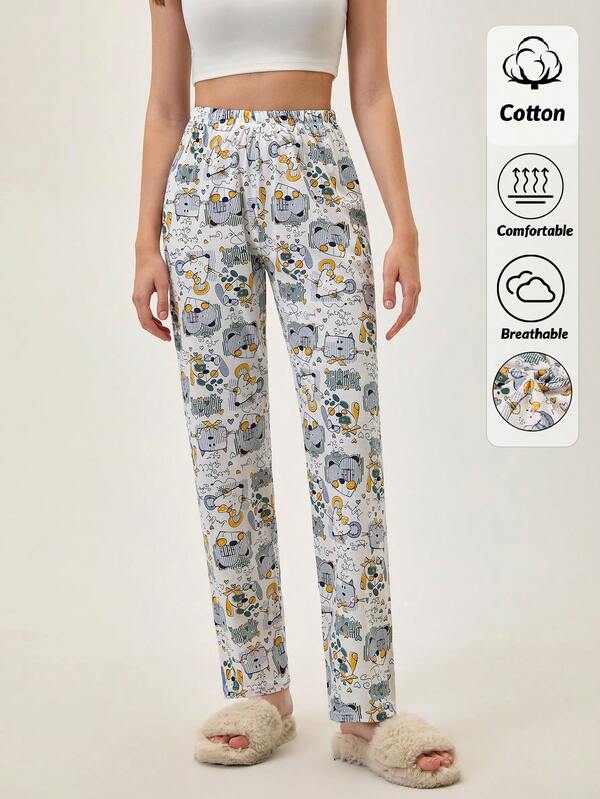 Loomlin Women Cotton Cute Cartoon Cats Printed Homewear Comfort Sleep Bottoms Pajama Pants For Women Comfy Womens Pants Homewear Pants Womens Pants Patterned Sleepwear Pants