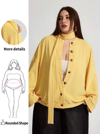 Enliva جاكيت كارديجان بلون أصفر بيضاوي مقاس كبير، مع وشاح مطابق بأكمام طويلة، ملابس خريفية للمدرسة، سحاب، ملابس نسائية للشتاء، CURVE PLUS