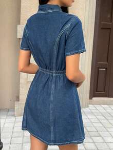 K-Vae 女式休闲短袖修身迷你牛仔连衣裙，蓝色