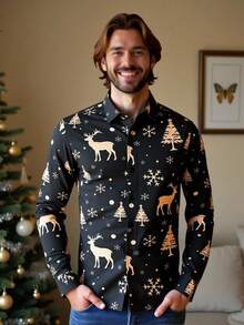 Manfinity NXTstreet 男士圣诞驯鹿印花长袖单排扣衬衫 男士驯鹿衬衫 男士衬衫 黑金图案正装衬衫 男士长袖纽扣衬衫 - 黑色 - 查看 3