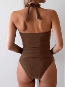 Swim Basics 女款細肩帶背心式分體泳衣，適合夏季海灘度假 - 咖啡棕 - 查看 2