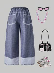 SHEIN Explorewe Young Girl' Colorblock Printed Casual Loose Pants - Grey - View 2