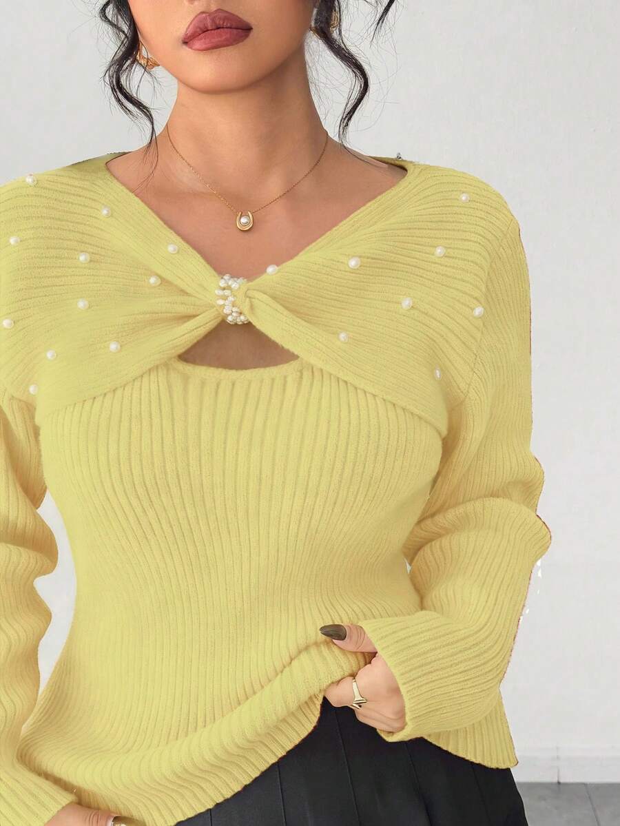 SHEIN Elenzya Plus Size Women's Twist Design Long Sleeve Elegant Pearl Embellished Sweater, Eye-Catching For Dates - Pale Yellow - View 1
