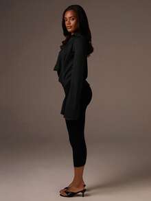 Athîral 女士纯色圆领时尚百搭长袖休闲衬衫 - 黑色 - 查看 6