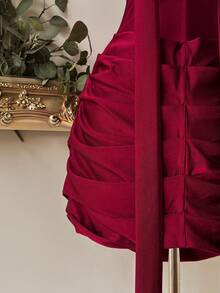 Lovelzi 优雅法式时尚安哥拉针织甜心领金属扣腰荷叶边拉链半身裙，适合多种场合——女士派对礼服、网红连衣裙 - 酒紅色 - 查看 8