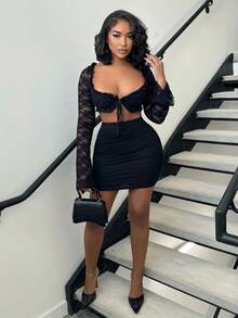 Alexandranx 弹力腰纯色紧身裙演唱会长款夏季裙舞会裙性感裙情人节裙，女士性感短款紧身高腰黑色粘胶纯色女裙，春夏，休闲日常穿着 - 黑色 - 查看 6