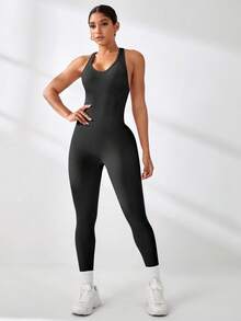 Easithlete 女士纯色交叉绑带无袖性感运动连体裤 - 深灰色 - 查看 2