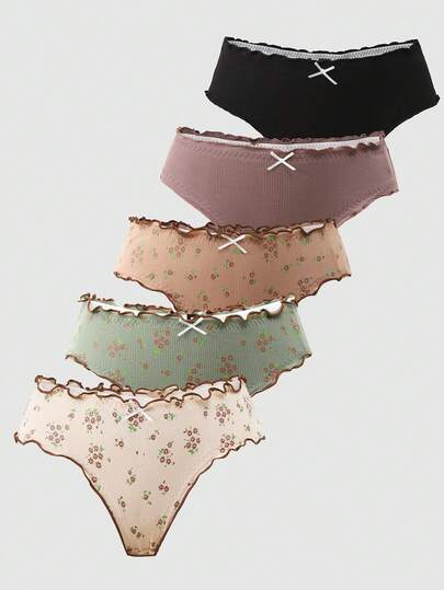 5pcs/Pack Ditsy Floral Comfortable Briefs For Teens