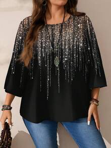 EMERY ROSE Plus Size Women's Casual Elegant Floral Print Loose Fit 3/4 Sleeve Blouse, Black, Suitable For Birthday Party, Evening Event,Flower/Spring/Summer/Vacation - Multicolor - View 4