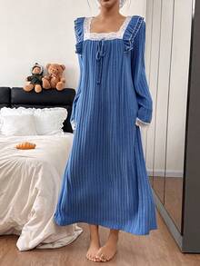 SHEIN Women's Blue Contrast Lace Square Neck Long Nightgown, Winter - Blue - View 6