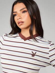 Missguided x Playboy 罗纹条纹两件套搭配长袖露脐上衣和阔腿裤家居服 - 彩色 - 查看 7