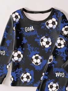 1 set Pijama ajustado para niños pequeños, conjunto de top de manga larga y pantalones con estampado de graffiti de fútbol negro y azul - Negro - Ver 4