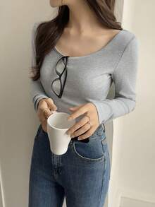 DAZY Sous-pull moulant à encolure dégagée et manches longues pour femmes - Gris - Voir 5