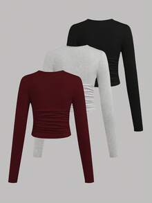 SHEIN EZwear 3件套女士休闲纯色圆领褶皱长袖T恤，黑色、灰色、酒红色，秋冬春季女士长袖紧身衣 - 彩色 - 查看 2