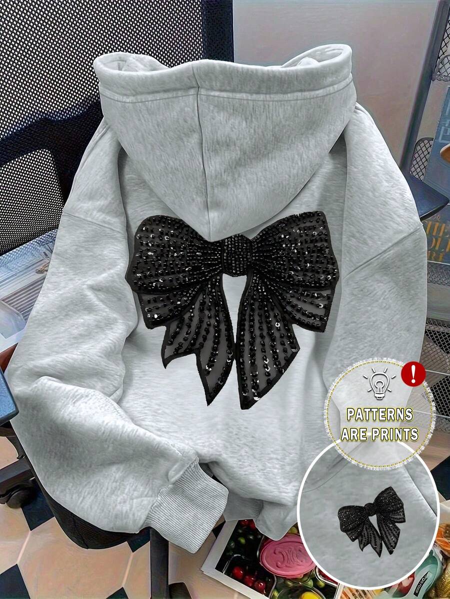 SHEIN Sparklyn Teen Girl Casual Fashion Creative Refreshing Minimalist Black Shiny Bow Double-Sided Printed Sweatshirt, Grey, Autumn, Street Style, Cool Girl, Daily Wear - Light Grey - View 1