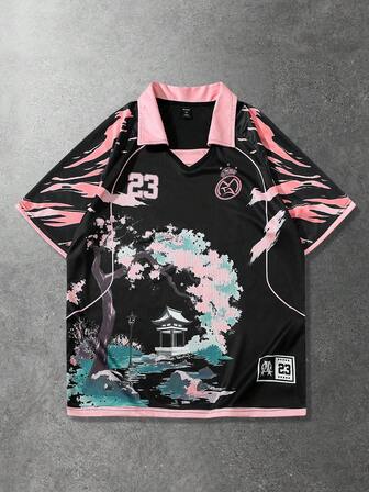 Anime Herren Poloshirt, lässiges Sport Sakura & Englisch Muster Kurzarm Poloshirt