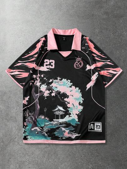 Anime قميص بولو رجالي، قميص بولو كاجوال رياضي مطبوع بالأزهار اليابانية والنص الإنجليزي قصير الأكمام