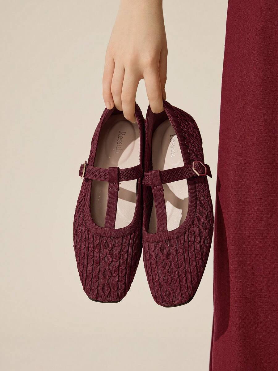 Ressula Women's Casual Versatile Commute Simple Buckle Flats Valentine's Day - Burgundy - View 1