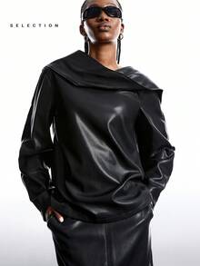 LYSMO 2025 Women's Chic Minimalism Cowl Neck Black Leather Top,Autumn Winter Fashionable Solid Color Commuter Jacket,Formal Evening Night Out Design Tops - Black - View 5