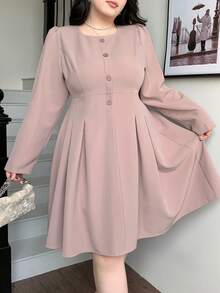 Dazy Plus Váy dài tay cổ bẻ màu trơn ngắn thanh lịch cỡ lớn, thích hợp mặc đi làm, mùa xuân/thu - Hồng - Xem 9
