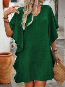 EMERY ROSE Vestido elegante suelto con cuello en V y volantes en el bajo, de unicolor para mujer - Verde - Ver 4