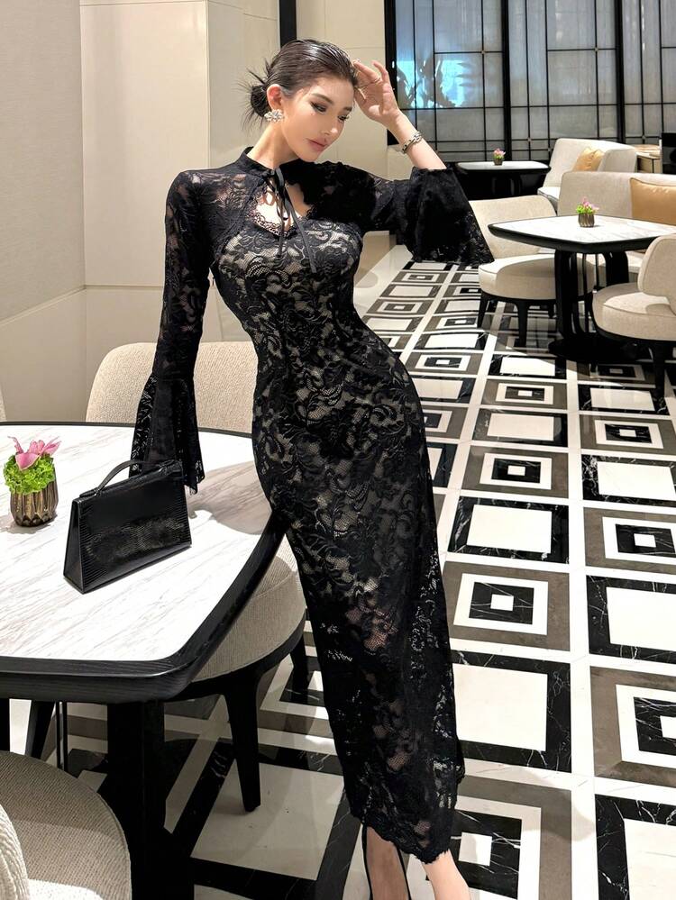 Women's Elegant Lace Long Sleeve Midi Dress, Suitable For Party Valentine's Day