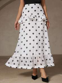 Aveloria Rosie Fashionable Chiffon Digital Printed Polka Dot Ruffle Hem Maxi Skirt, European And American Style, Autumn/Winter - Multicolor - View 3