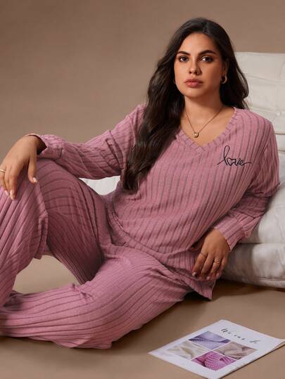 Lazeform Plus Size Women Cozy Ribbed Brushed Knit English Embroidery Casual Minimalist Lounge Set, Long Sleeve Top And Pants, Suitable For Autumn/Winter