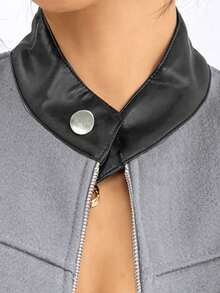 Chamarra corta para mujer de moda lana unicolor con lindos detalles de piel sintética en color contraste afelpada para uso casual o diario - Gris - Ver 3