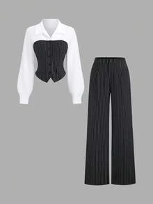 Sweetra Women's Striped Patchwork Lapel Collar Long Sleeve Asymmetrical Hem Blouse And Straight Leg Pants Suit, Elegant Office/Teacher Outfit, Vintage Urban Casual Wear For Fall/Winter