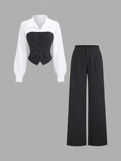Sweetra Women's Striped Patchwork Lapel Collar Long Sleeve Asymmetrical Hem Blouse And Straight Leg Pants Suit, Elegant Office/Teacher Outfit, Vintage Urban Casual Wear For Fall/Winter