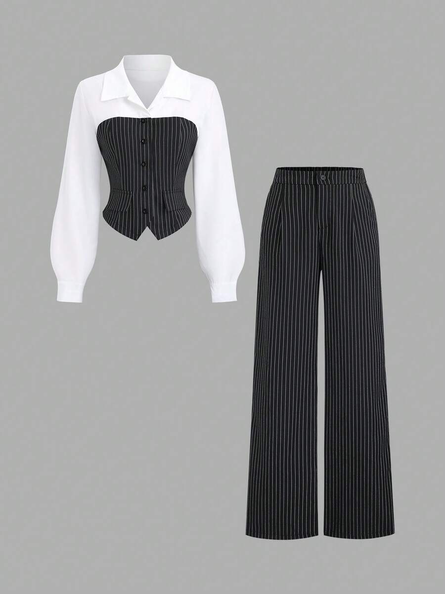 Sweetra Women's Striped Patchwork Lapel Collar Long Sleeve Asymmetrical Hem Blouse And Straight Leg Pants Suit, Elegant Office/Teacher Outfit, Vintage Urban Casual Wear For Fall/Winter