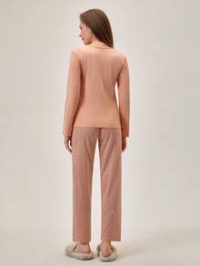 Loomlin 100% Cotton 2Pcs Eye&Heart Printed PJ Set - Coral Orange - View 2