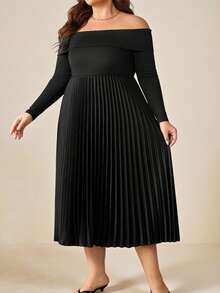 Enliva Plus Size Women's Off-Shoulder Long Sleeve Dress, Pleated Patchwork Dress/Autumn /Winter - Black - View 5