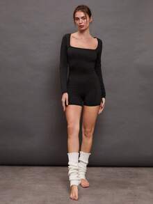 Activina Square Collar Long Sleeve Solid Color Sport Romper - Black - View 6