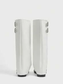 ROMWE Women's Fashionable Versatile Commuting Adjustable Buckle Knee-High Boots For Christmas - White - View 10