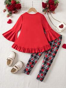 SHEIN 2pcs/Set Young Girls Valentine's Day Sequin Heart Print Flare Sleeve Long T-Shirt & Heart Letter Leggings, Family Matching, Autumn Party Outfit - Red - View 2