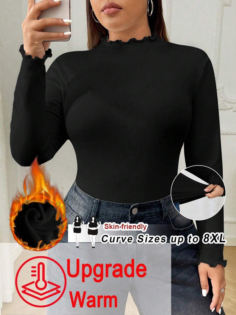 SHEIN CURVE+ Femmes grande taille T-shirt de base à col montant, doublure en fourrure épaisse, manches longues, automne et hiver/2026/Nouvel An - Noir - Voir 1