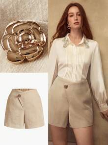 MOTF PREMIUM WOMEN'S ASYMMETRIC METAL BUCKLE DECOR VERSATILE SHORTS - Khaki - View 1