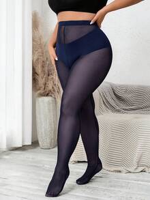 SHEIN CURVE+ Plus Size Women Sheer High Stretch Footless Leggings Skin-Friendly Tights Plus Size Tights - Navy Blue - View 9