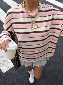 Muchica 女士休闲宽松撞色条纹T恤，秋季款 - 粉色 - 查看 5