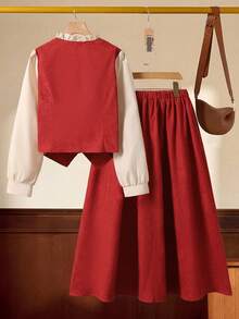 少女复古学院风两件套：蝴蝶结领+双排扣设计，泡泡袖中长A字裙，优雅气质套装，适合约会/派对/节日等场合，春秋季均可穿着。 - 酒紅色 - 查看 3