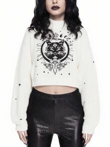 ROMWE Goth 女式高领深哥特式黑色神秘猫刺绣套头衫 - 白色 - 查看 2