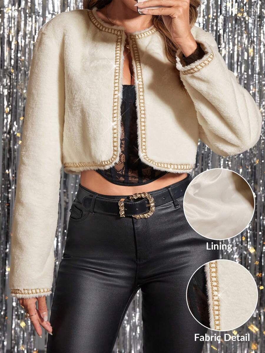 SHEIN Clasi 女士优雅简约人造毛皮绿色外套 - 米色 - 查看 1