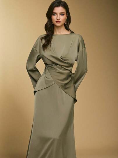 Poéselle Elegant set med två delar för kvinnor, enfärgad, nedhasad skjorta med långa ärmar och korsad midikjol och sjöjungfrukant