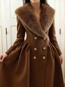 Glamine 优雅复古珍珠纽扣装饰羊毛大衣，浪漫公主风，适合冬季街头时尚，女士 - 棕色 - 查看 3