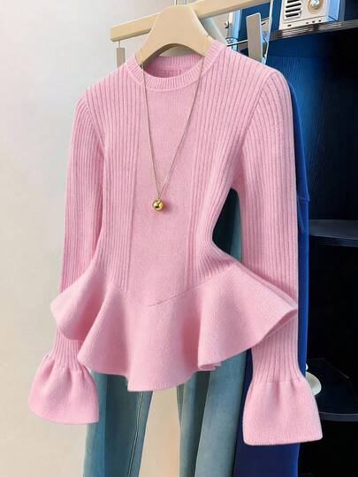 Franclia Women's Elegant Peplum Hem Ribbed Knit Sweater, Minimalist Solid Color, Autumn/Winter