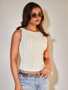 COSMINA Women's Cream Color Casual Sleeveless Fitted Top, Minimalist Textured Fabric, Versatile For Daily Commute, Summer, Light Yellow Top - Apricot - View 5