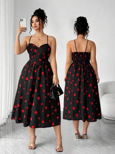 Elenzga Vestido de fiesta con estampado de corazón, tirantes finos y falda acampanada para mujer talla grande en el Día de San Valentín
