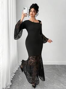 Elenzga Plus Size Women Asymmetric Collar Contrast Lace Flare Sleeve Fishtail Hem Elegant Dress - Black - View 3